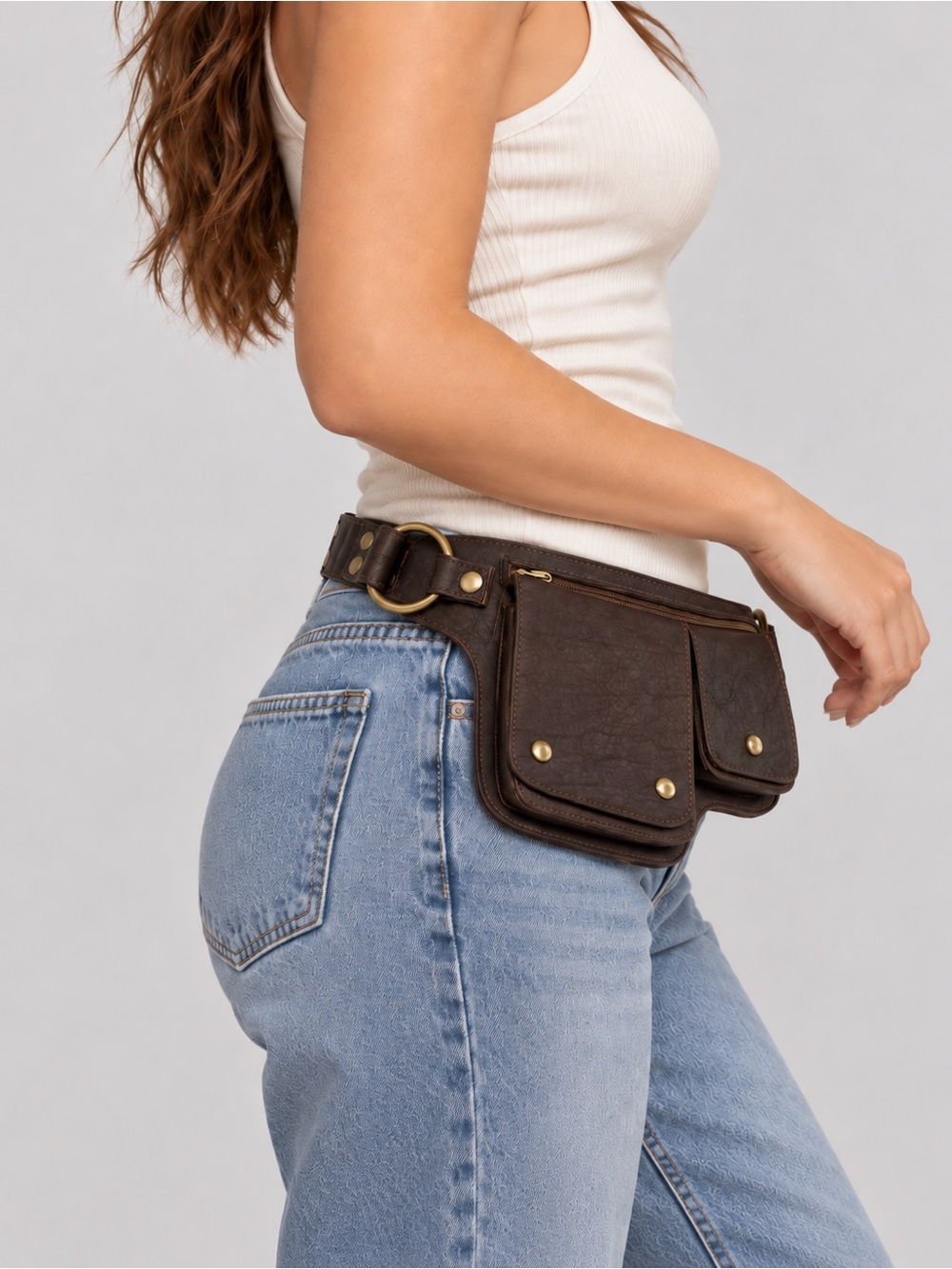 Steampunk Brown PU Leather Hip Bag Multi Pocket Festival Utility Waist Pack